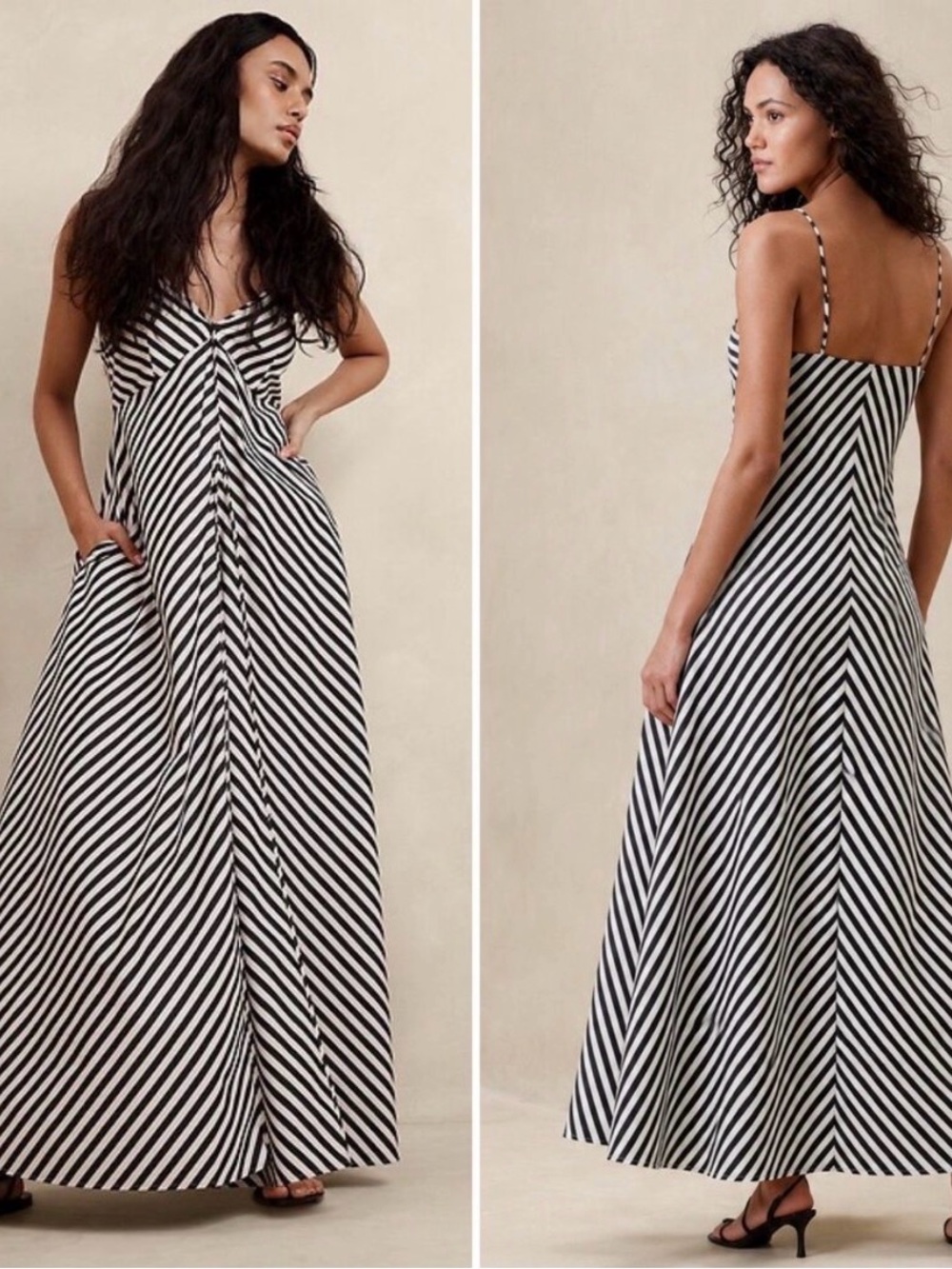 Banana Republic Bias Cut Black & Ivory Cotton Poplin Maxi Dress Sz 2